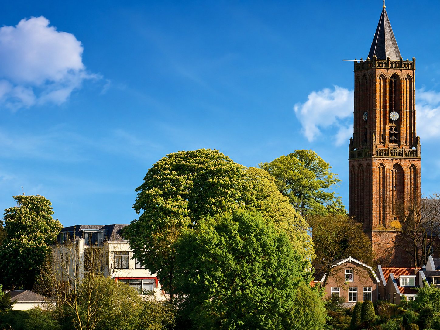 Een kerktoren tussen het groen onder een blauwe hemel